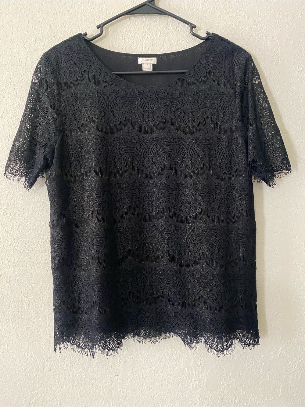 J. Crew Glittery Black Lace Short Sleeve Scoop Neck Top - Picture 3 of 11